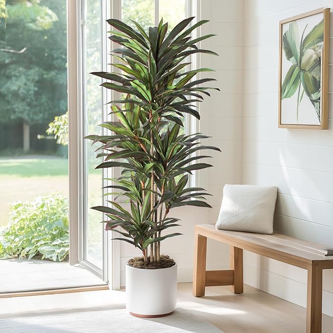 Dracaena Artificial Plant 6ft Red Yucca Silk Tree Faux Plants Indoor Tall Fake House Floor Plants Realistic Artificial Trees for Home Office Decor Indoor Outdoor Housewarming Gift