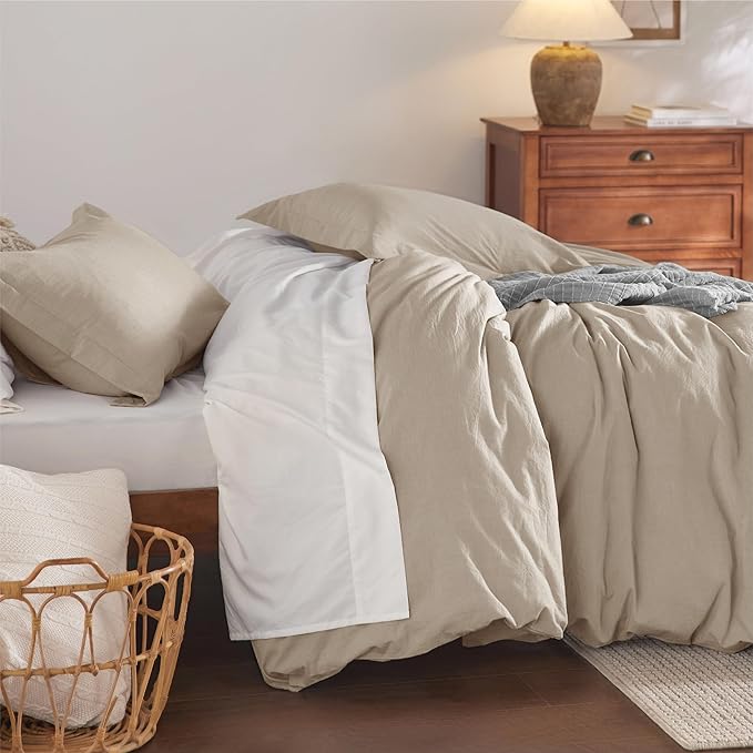 Bedsure 100% Washed Cotton Duvet Cover Oversized King - Greige Minimalist Cotton Duvet Cover Linen Like for All Seasons - GentleSoft™ Plain Simple Bedding, 3 Pieces (Greige, Oversized King, 120"x98")