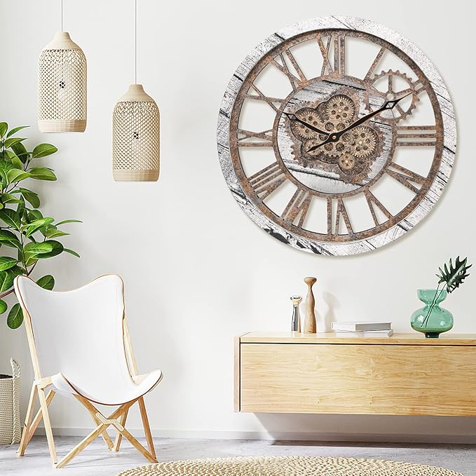Large 20 Inch Farmhouse Vintage Rustic Moving Gears Oversized Roman Wall Clock for Living Room, Bedroom, Kitchen, Office Decor