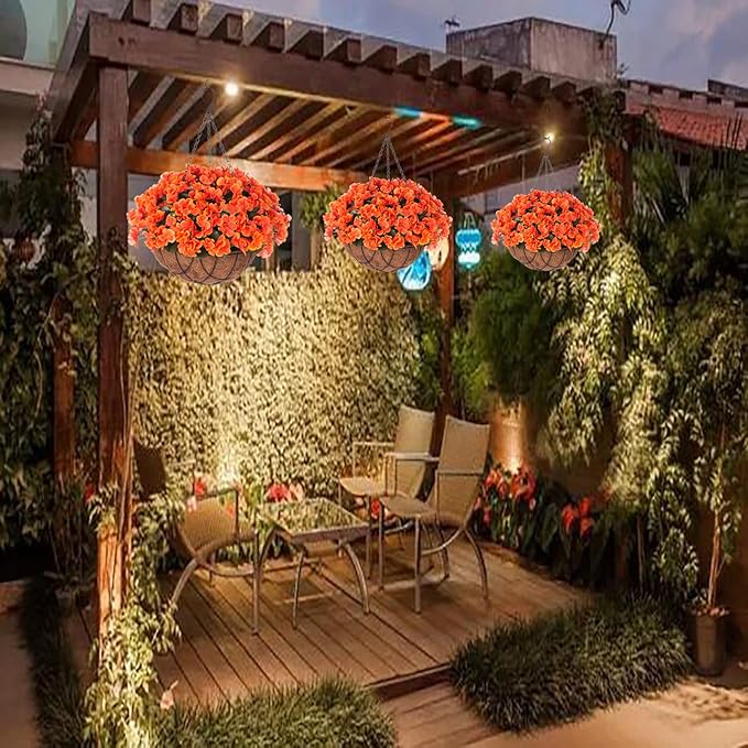 Fall Artificial Flowers with Hanging Basket for Outdoor Indoor, 4 Branches Fake Hydrangea Flowers in Coconut Lining Hanging Basket Home Courtyard Spring Summer Decor(Orange)