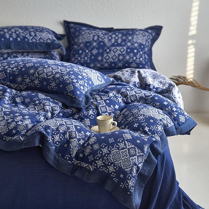 VM VOUGEMARKET Blue White Duvet Cover King Jacquard Geometric Pattern Bedding Set 3 Pieces Yarn-Dyed Cotton Boho Duvet Cover with 2 Pillow Shams