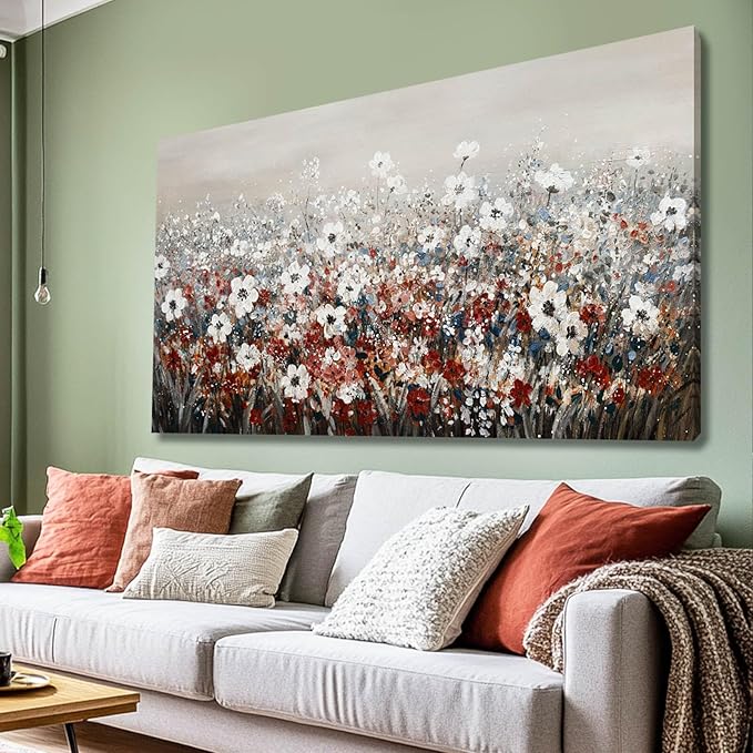 NBAODAN White and Red Flowers Canvas Pictures Nature Wall Art for Living Room Bedroom Modern Artwork Colorful Plants Wall Decor for Office 24x48 Inch