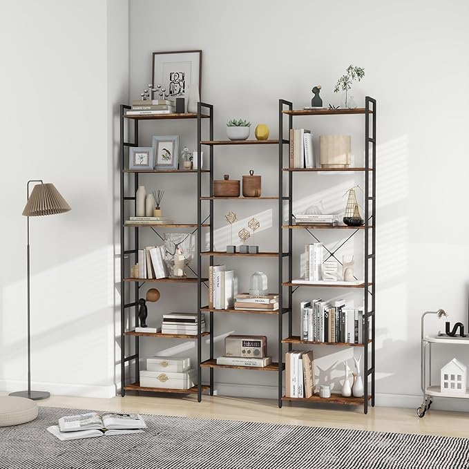 Panana Triple 4/5/6 Tier Bookshelf, Industrial Bookcase with 11/14/17 Open Display Shelves Wide Book Shelf Book Case with Metal Frame for Living Room Home Office (Brown, 6 Tier)