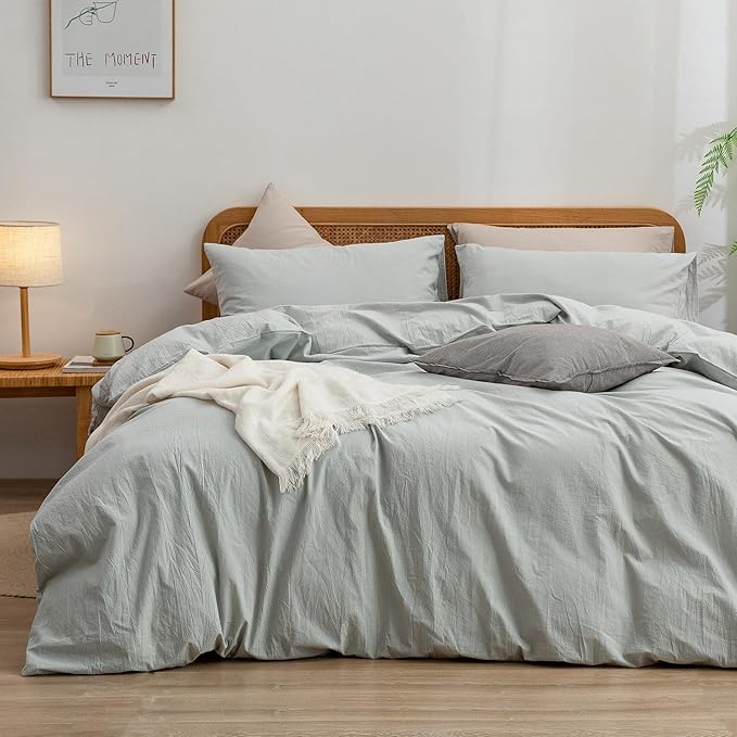 BESTOUCH Duvet Cover Set 100% Washed Cotton Linen Feel Super Soft Comfortable Chic Lightweight 3 PCs Home Bedding Set Solid Northern Droplet Grey Super Queen