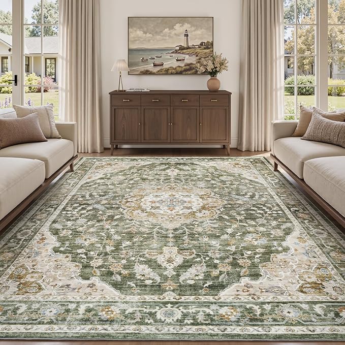 PADOOR-Vintage Area Rug 6X9 Rugs for Living Room-Soft Olive Green Rugs for Bedroom-Machine Washable Rugs Non Slip Carpet-Rug for Dining Room Living Room Bedside Office