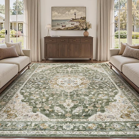 PADOOR-Vintage Area Rug 6X9 Rugs for Living Room-Soft Olive Green Rugs for Bedroom-Machine Washable Rugs Non Slip Carpet-Rug for Dining Room Living Room Bedside Office