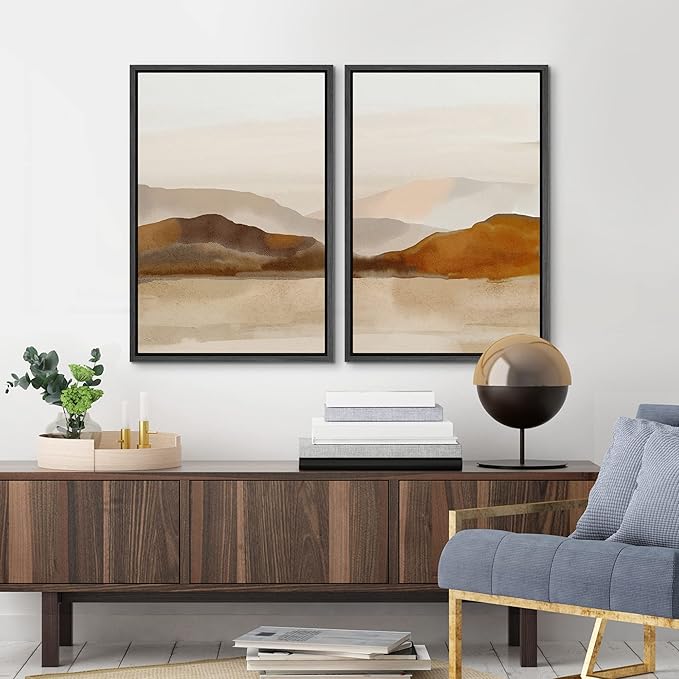 MUDECOR Framed Canvas Print Wall Art Pastel Brown Mountain Range Ocean Lake Wilderness Nature Illustrations Modern Art Decorative Calm/Relax Multicolor Rustic Minimal for Bedroom - 16"x24"x2 Black