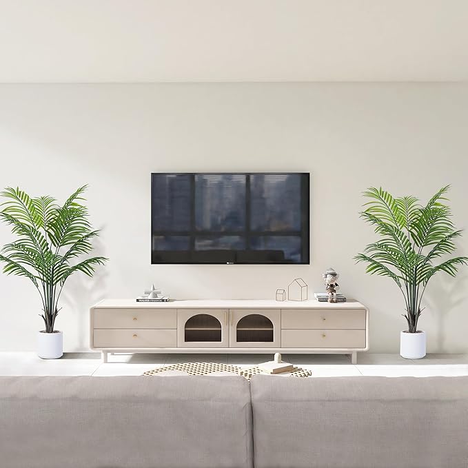 Artificial Areca Palm Tree 5FT Fake Potted Plant 2 Pack Faux Silk Tropical Areca Palm with 15 Trunks & Real Bark Design, Large Aritificial Plant in Pot for Home Living Room House Warmming Floor Decor