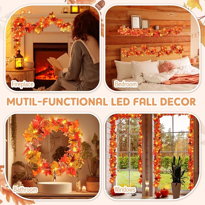 VIHOSE 2 Pack Thanksgiving Maple Leaves Garland Fall Decor 11.5 ft 40 LED with Pumpkin Lights Battery Operated and Timer Remote for Home Thanksgiving Halloween Decor(Colorful)