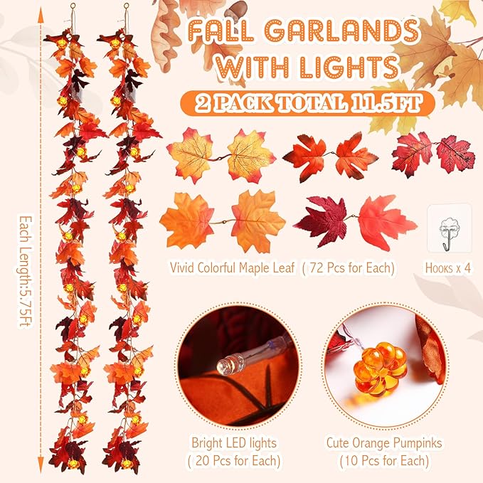 VIHOSE 2 Pack Thanksgiving Maple Leaves Garland Fall Decor 11.5 ft 40 LED with Pumpkin Lights Battery Operated and Timer Remote for Home Thanksgiving Halloween Decor(Reddish Brown)