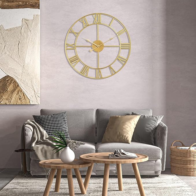 1st owned Large Wall Clock Silent Non-Ticking Roman Numerals Vintage Battery Operated (24 inch,18inch,16inch) Farmhouse Wall Clock for Living Room, Bedroom, Kitchen, Cafe Decor-Gold 40CM
