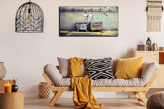 Banksy Street Art - Graffiti Canvas Wall Decor - Abstract Art Wall Decor Ready to Hang Size 40" x 20"