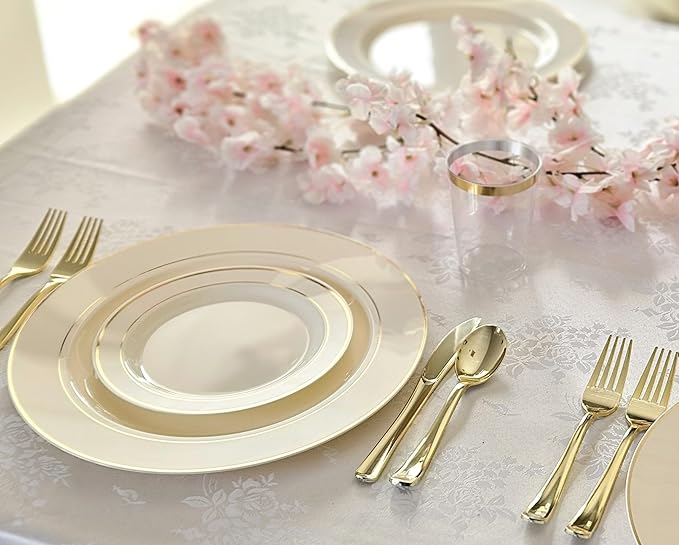 OCCASIONS 120 Plates Pack, Heavyweight Disposable Wedding Party Plastic Plates (6.25'' Dessert/Bread Plate, Ivory & Gold Rim)