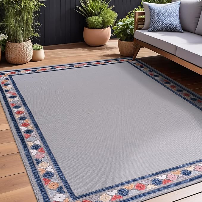 Beverly Rug Outdoor Rug 5x7 Modern Bordered Area Rugs for Indoor and Outdoor Patio Easy to Clean Non Shedding Living Room Porch Garden Washable Outside Carpet (5 x 7 Gray)