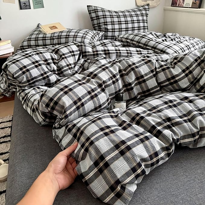 VM VOUGEMARKET Buffalo Gingham Duvet Cover Set Queen,3 Pieces Washed Cotton Bedding Set,Breathable Luxury Plaid Comforter Cover with Zipper Closure for Boys Men(Black&Grey)