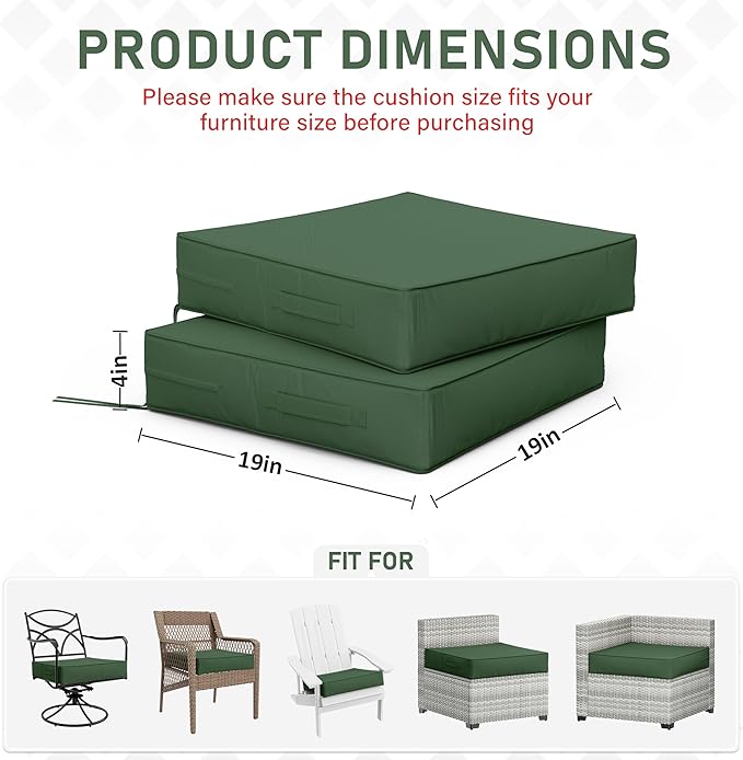 Patio Chair Cushions 19 X 19 X 4 Inch Waterproof Outdoor Seat Cushions for Patio Furniture, Outdoor Sofa Couch Pads with Ties & Handle, Set of 2, Green