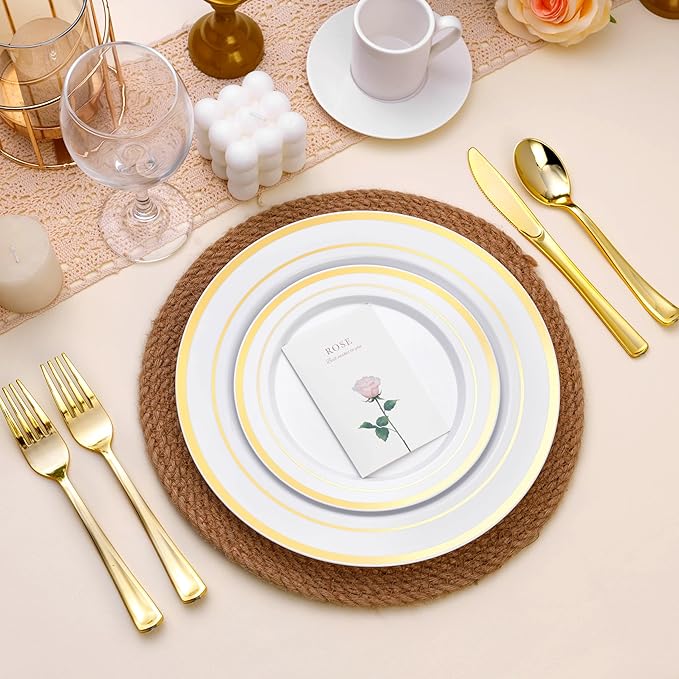 100PCS White Plastic Plates for Party, 7 Inch Heavy Duty Dinner Plates with Gold Rim, Disposable Plates for Wedding and Birthday