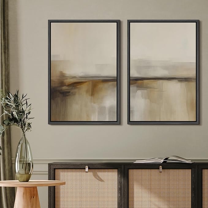 MUDECOR Framed Canvas Print Wall Art Set Abstract Beige and Brown Gradient Neutral Minimalist Landscape Illustrations Modern Art Decorative Calm for Living Room, Bedroom, Office - 16"x24"x2 Black