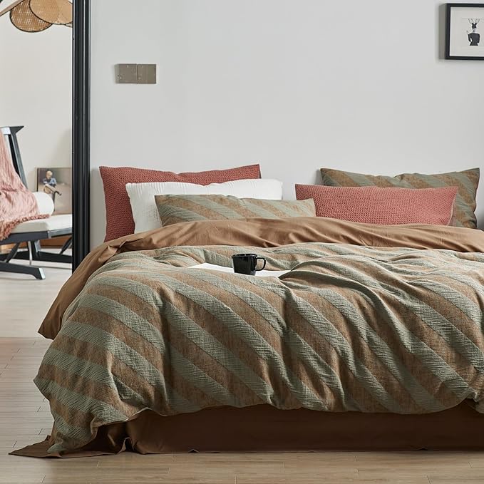 VM VOUGEMARKET Green Striped Duvet Cover Queen Linen Cotton Bedding Set Jacquard Brown Diagonal Stripes Duvet Cover Set Without Filling 90x90 Inch