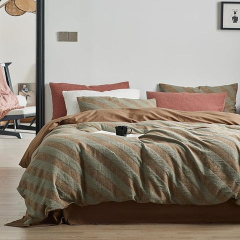 VM VOUGEMARKET Green Striped Duvet Cover Queen Linen Cotton Bedding Set Jacquard Brown Diagonal Stripes Duvet Cover Set Without Filling 90x90 Inch