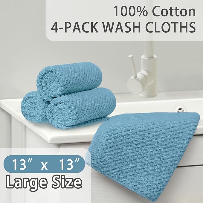 Facial Towels (Large 13" x 13"), Bathroom Hand Towels Set of 4, 100% Cotton | Lightweight | Thick | Quick Dry | Soft | Absorbent, Wash Cloths for Bathroom, Luxury Towel Gift Set, Ocean Blue