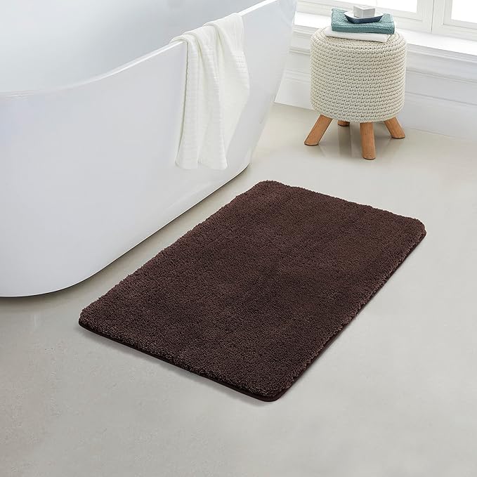 YHF Bathroom Rugs 17" X 24", Extra Thick & Soft Microfiber Shaggy, Machine Washable Bath Mats, Absorbent Bath Rugs, Non-Slip Rubber Backing Bath Mat for Bathroom Floor, Tub and Shower, Brown
