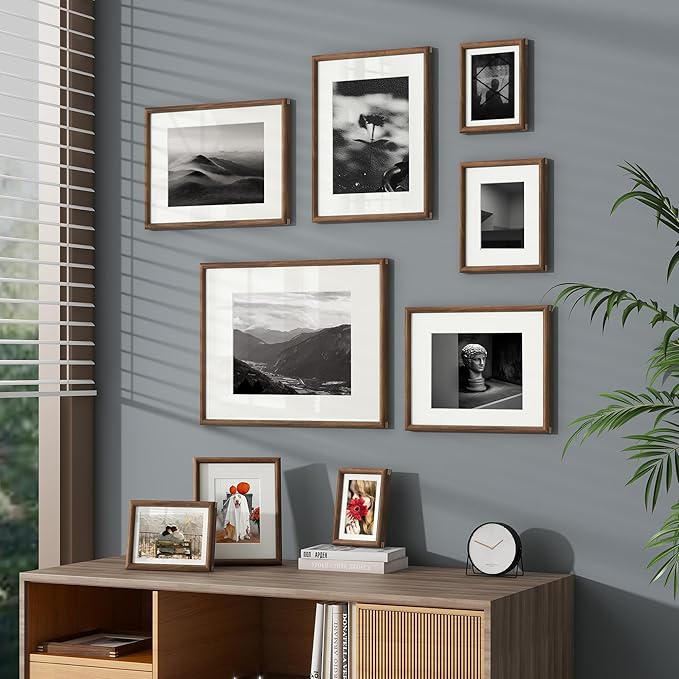 11x14 Picture Frame with 8x10 Mat, USA-Sourced Natural Walnut Wood Photo Collage Frame with HD Tempered Glass, Double Mortise and Tenon Strips, Wall Display Horizontally and Vertically, 3 Pack