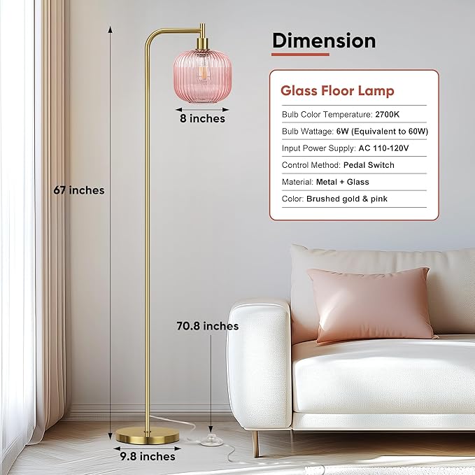 QiMH Glass Floor Lamp for Living Room, 67” Modern Standing Lamp with Pink Ribbed Glass Lampshade Pedal Switch Tall Lamp for Bedroom, Brushed Gold (2700K LED Bulb Included)
