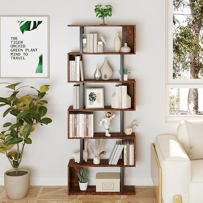 Yusong Geometric Bookcase, S Shaped Bookshelf 6-Tier Book Shelves for Bedroom, Modern Wood Decorative Display Shelf Tall Book Case for Home Office, Bown and Black