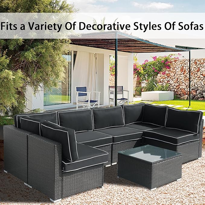 14Pieces Patio Cushion Covers Replacement,Waterproof Outdoor Cushions Covers for 6-Seaters Sofa,Slipcovers Set with Zippers,Washable Cover Only(Black Gray+White)
