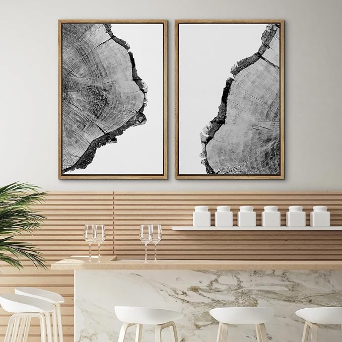 SIGNWIN Framed Wall Art Print Set Black & White Close Up Tree Ring Details Nature Wilderness Photography Modern Art Rustic Relax/Calm Multicolor for Living Room, Bedroom, Office - 24"x36"x2 Natural