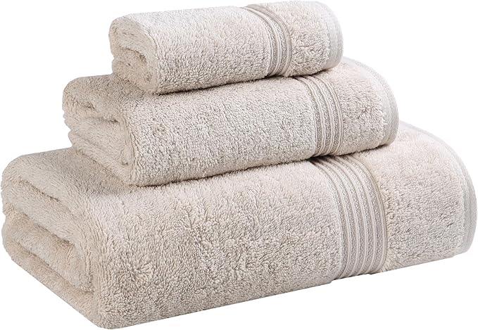 Superior Egyptian Cotton 3-Piece Towel Set, Assorted Towels for Home Bathroom, Master, Guest Bath, Decor Essentials, Includes 1 Bath, 1 Hand, 1 Face Towel/Washcloth, Quick Dry, Absorbent, Stone