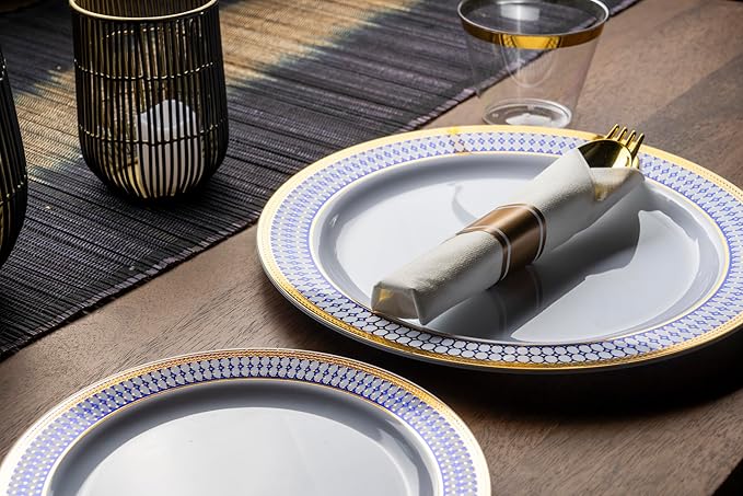 MONEST 350Pcs Blue and Gold Plastic Silverware Set for 50 Guests, Disposable Dinnerware Set includes: 50 Pre Rolled Napkins with Utensils, 50 Dinner Plates, 50 Dessert Plates, 50 Cups (Royal Sapphire)