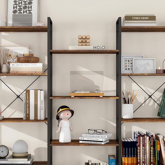 Panana Triple 4/5/6 Tier Bookshelf, Industrial Bookcase with 11/14/17 Open Display Shelves Wide Book Shelf Book Case with Metal Frame for Living Room Home Office (Brown, 5 Tier)