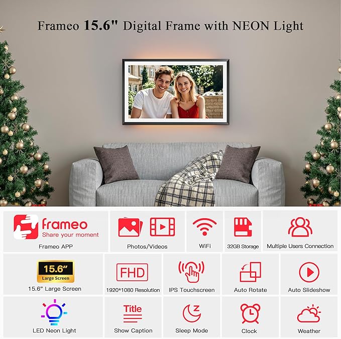 Frameo 15.6" Large Digital Picture Frame, Smart WiFi Electronic Photo Frame with LED Light 1920 x 1080 FHD IPS Touch Screen 32GB Memory Auto-Rotate Wall Mounted Slideshow, Share Photos/Video Anywhere