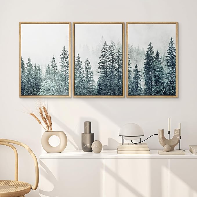SIGNWIN Framed Canvas Print Wall Art Woodland Nursery Decor Set Film Grain Misty Mountain Pine Trees Nature Wilderness Modern Art Chic Landscape for Living Room, Bedroom, Office - 16"x24"x3 Natural