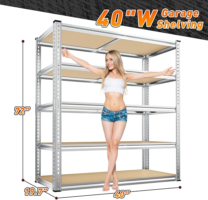 REIBII 40" W Garage Shelving 2500LBS Storage Shelves Adjustable Metal Shelving 5 Tier Pantry Shelves for Garage Closet Kitchen Basement 40" W x 19.7''D x 72''H, Silver