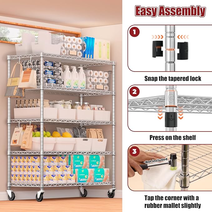 PrimeZone 2 Pack 48" W Wire Shelving Heavy Duty with Wheels,5 Tier Adjustable Garage Storage Shelves Unit,Rolling Metal Organizer Shelf Utility Rack Warehouse,Pantry,Chrome 48" Wx24 Dx81 H
