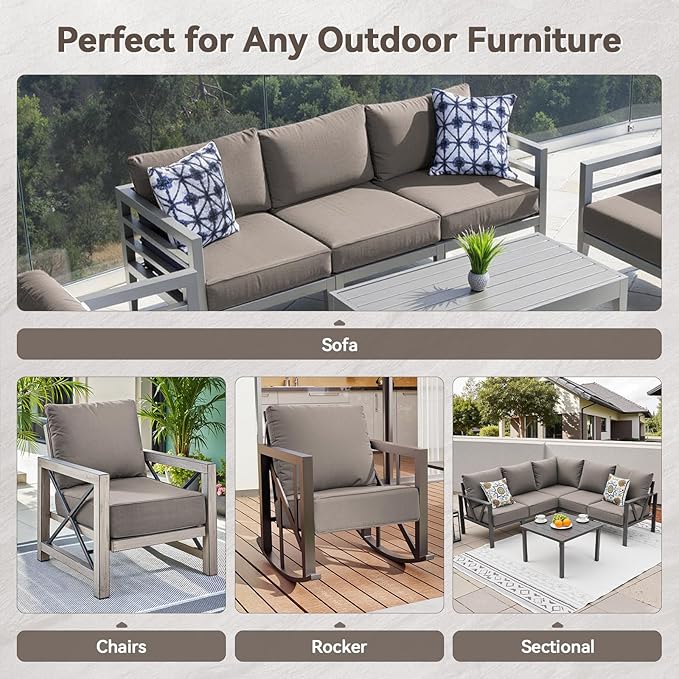 Luxury 6" Outdoor Cushions for Patio Furniture, 24x24x6 Thick Seat Cushion Set of 5, Fade Resistant Couch Chair Replacement Cushions High Density Deep Wicker Chair Cushion w/Removable Cover Gray