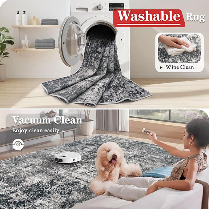 9x12 Area Rugs for Living Room: Washable Modern Abstract Rug Large Soft Non Slip Living Room Rug Indoor Low Pile Carpet for Bedroom Dining Room Home - Black Grey Brown