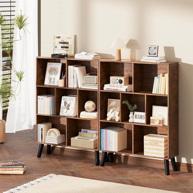 LEYAOYAO 7 Cube Bookshelf, 3 Tier Modern Bookcase with Legs, Mid-Century Modern Wood Book Shelves Storage, Rustic Brown Book Case, Freestanding Organizer Display Shelf for Bedroom,Living Room,Office