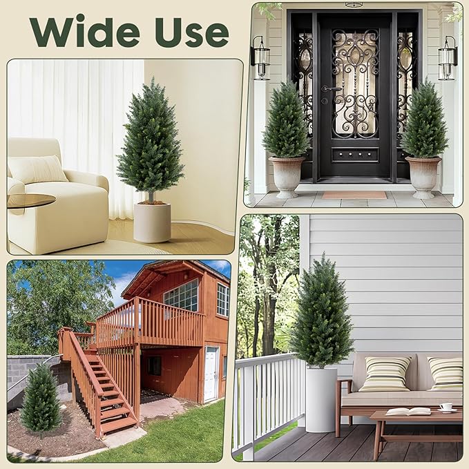 3FT Artificial Cedar Topiary Trees with Ground Spike, UV Resistant Fake Cypress Bushes Artificial Shrubs 2 Pack Faux Cypress Plants for Outdoor Indoor Front Porch Garden