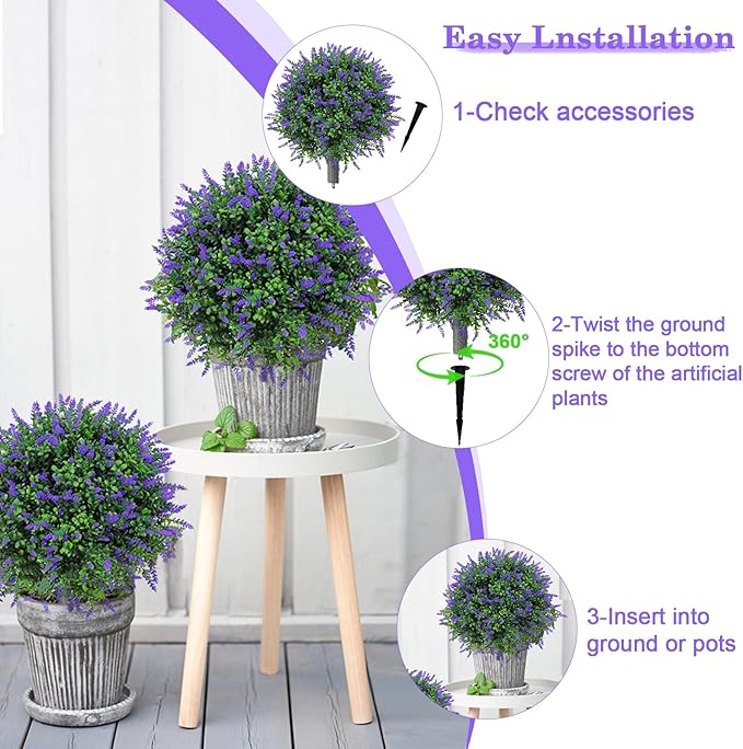 Artificial Lavender Topiary Realistic Faux Shrubs, UV Resistant Fake Plants Trees for Outdoor Front Porch Yard Landscaping Decor-2 Pack