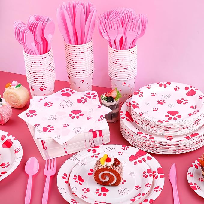 400 Pieces Pink Paw Disposable Party Tableware Sets Dog Puppy Supplies Including Plates Cups Napkins Cutlery Serves 50 for Birthday Puppy Theme Party Decorations