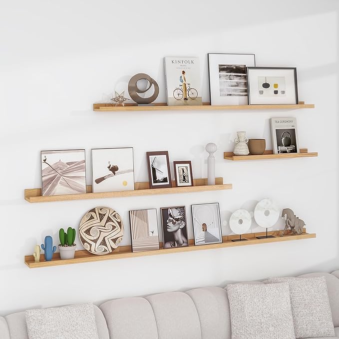 Solid Ash Wood Picture Ledge Shelf, 36 Inch Floating Shelves with Lip Set of 2, Photo Ledge Shelf Nursery Bookshelf Wall Mounted for Living Room Bedroom Decor, Natural