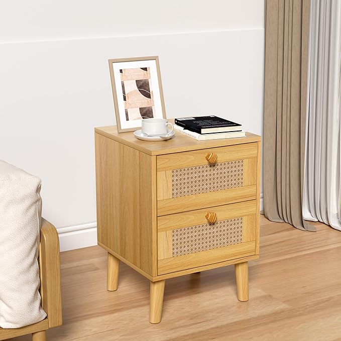 Rattan Nightstand,Boho and Wood Night Stand with Drawers,Bedside Rattan Table and Small nightstand,Natural Wood Nightstand for Bedroom,Oak (Oak)