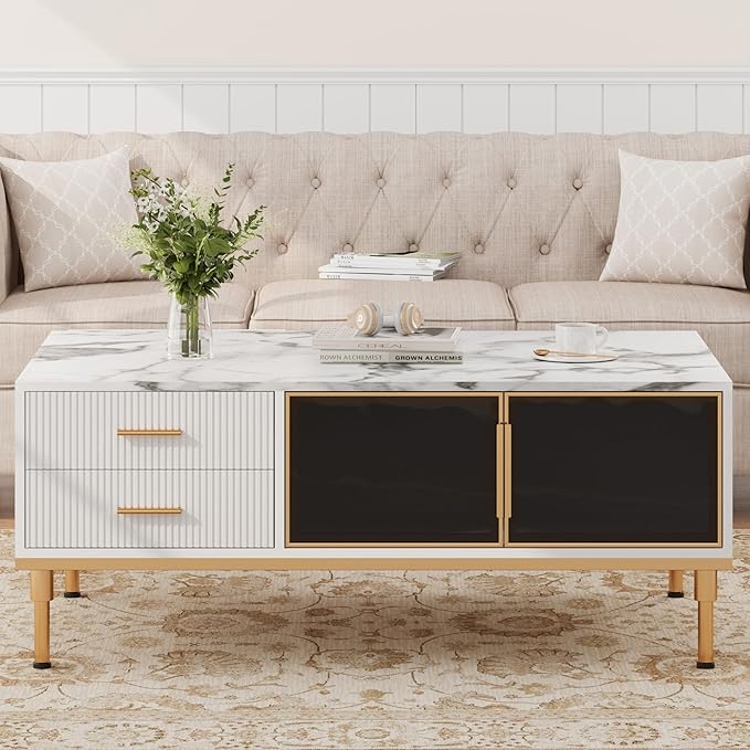 Coffee Table, White Center Table for Living Room, Modern Large Coffee Tables with Storage 4 Drawers & 2 Glass Door Storage, Faux Marble Top, Gold Metal Leg, Hidden Compartment for Reception Room