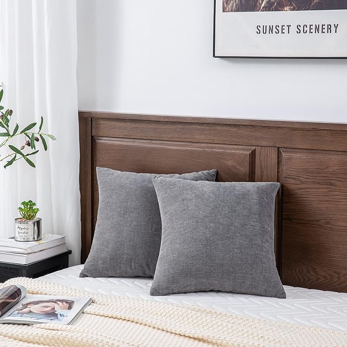 GAWAMAY Decorative Chenille Throw Pillow Covers 26x26 Inch Pack of 2, Soft Square Couch Pillow Cover for Sofa Cushion Living Room Bedroom Solid Dyed Oversized Pillowcases Grey 66x66cm (ONLY Covers)
