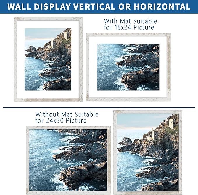 24x30 Frame Set of 2, Distressed White Wood Style - Display 18x24 Picture Frame with Mat or 24 x 30 Poster without Mat, Wall Mounting Horizontal and Vertical