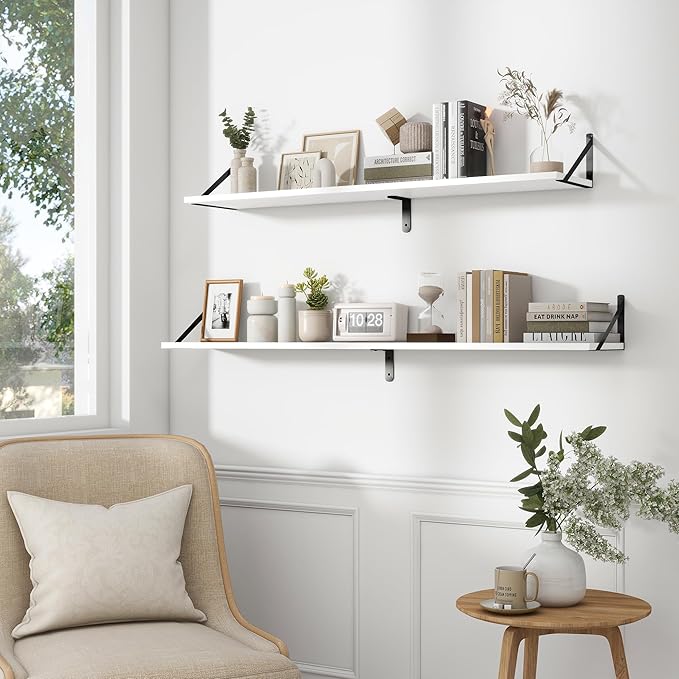 Fun Memories Deep Floating Shelves for Wall, 48W x 8D Wall Mounted Shelves Set of 2, Wide Display Ledge Shelf with Sturdy Metal Brackets for Living Room, Bathroom, Bedroom and Kitchen, White